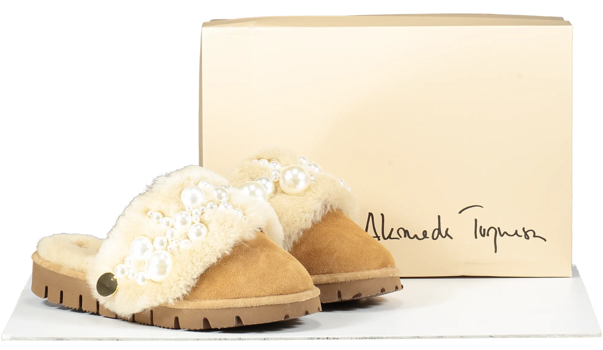 Alameda Turquesa Beige Luxury Pearl Embellished Shearling Mules BNIB UK 3 EU 36 👠