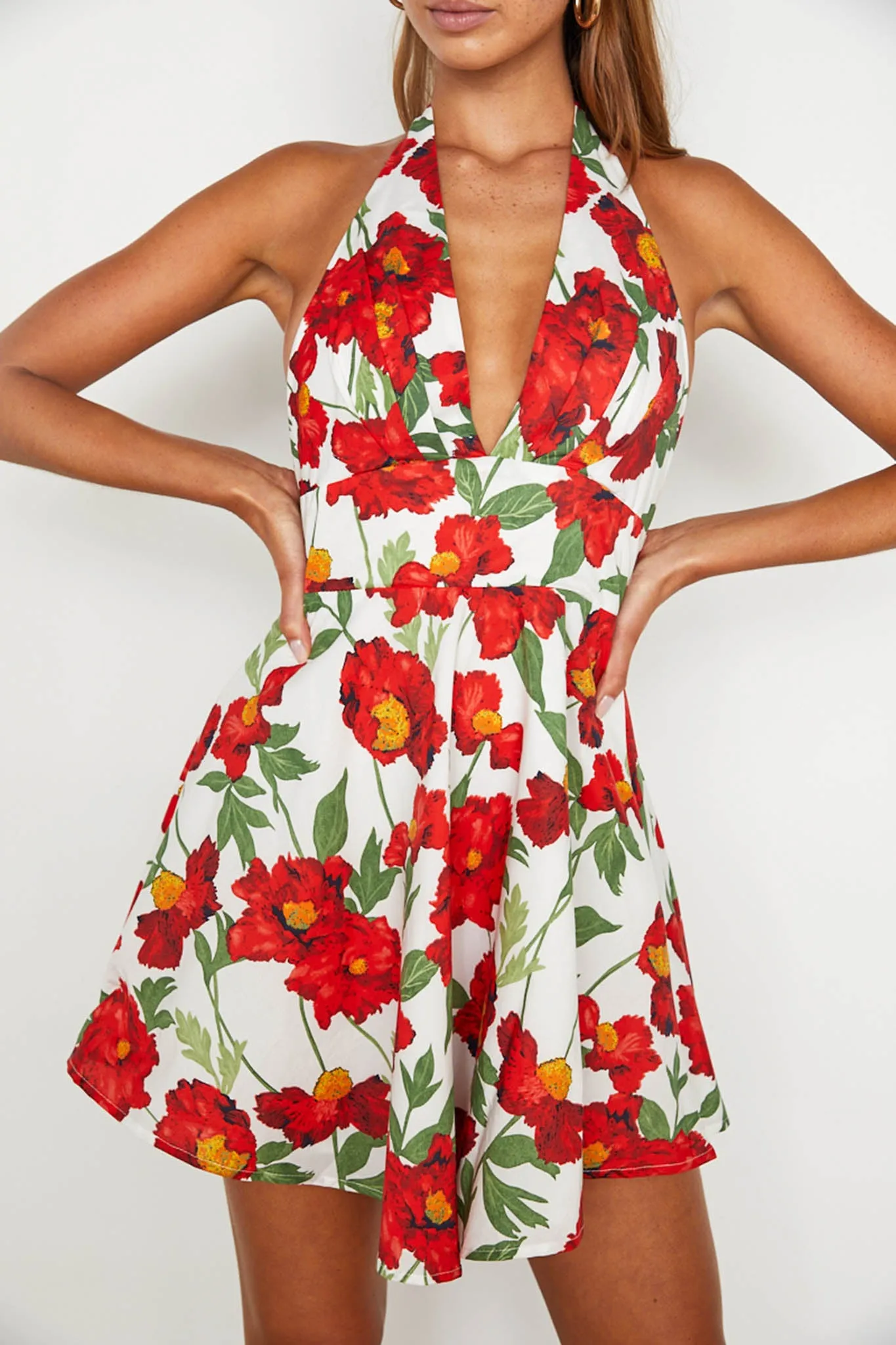 Ariana Halterneck Mini Dress Floral White/Red