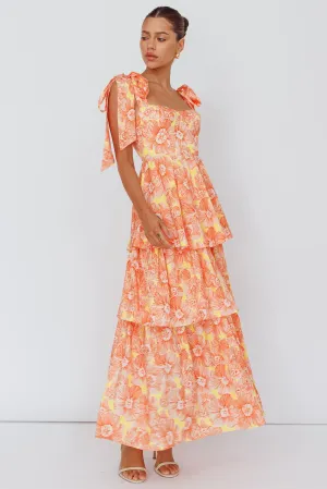 Arlowe Tied Shoulder Tiered Midi Dress Floral Orange