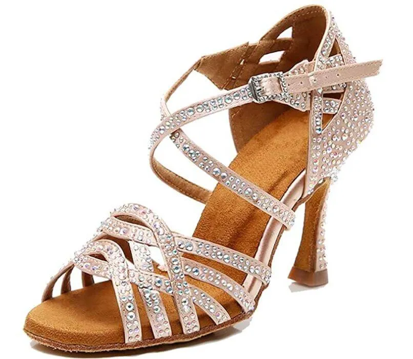 Flesh Satin Rhinestone Ballroom Shoes Salsa Latin Dancing Shoes