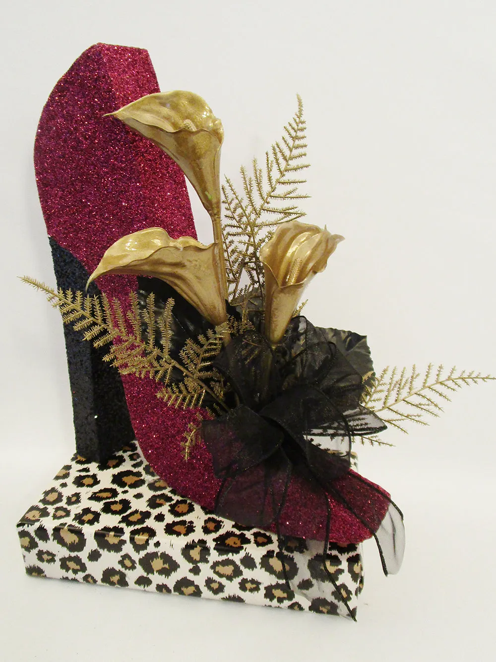 Maroon High Heel Shoe with Calla Lilies Centerpiece