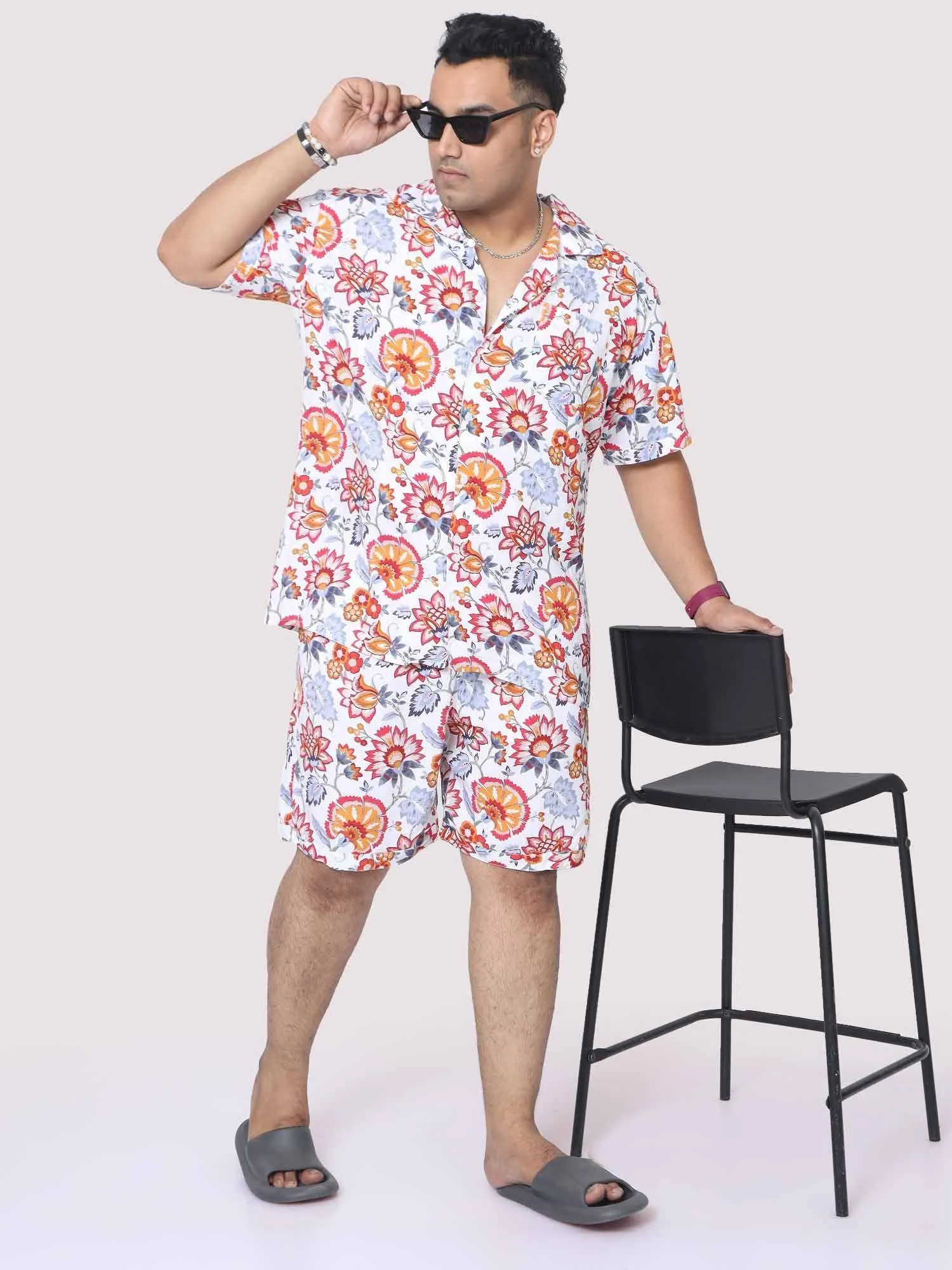 Men Plus Size Botanical Printed Half Sleeve Co-Ords