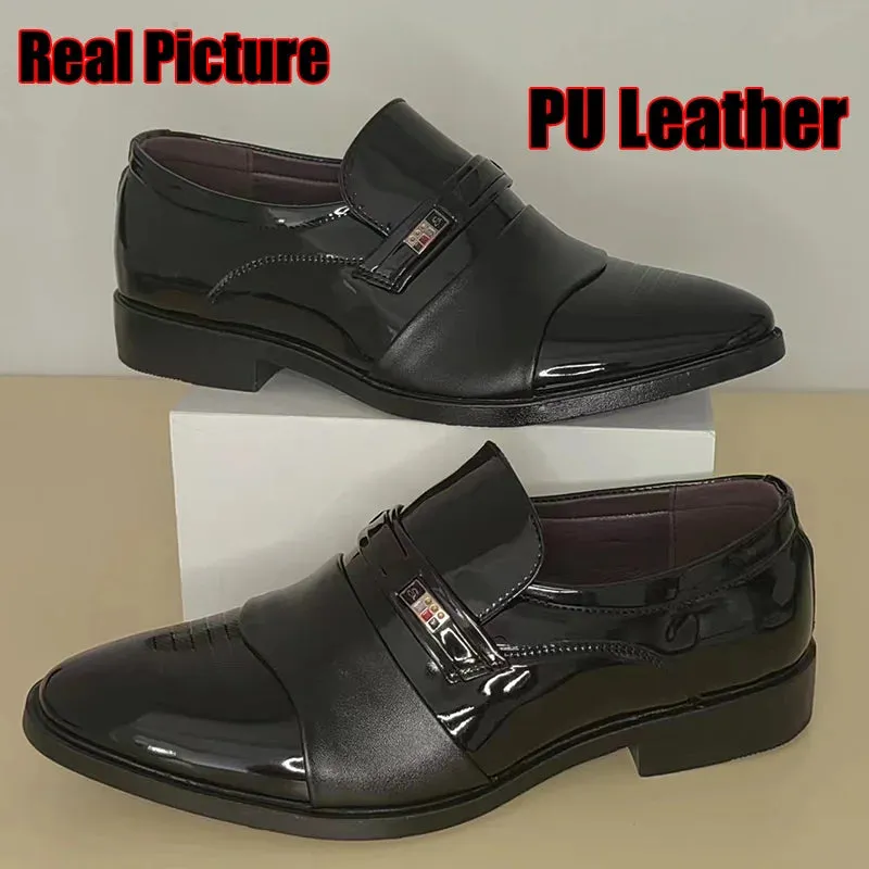 Men's Black PU Leather Shoes Formal Oxfords Slip On Dress Shoes Business Casual Office Work Wedding Plus Size 38-48