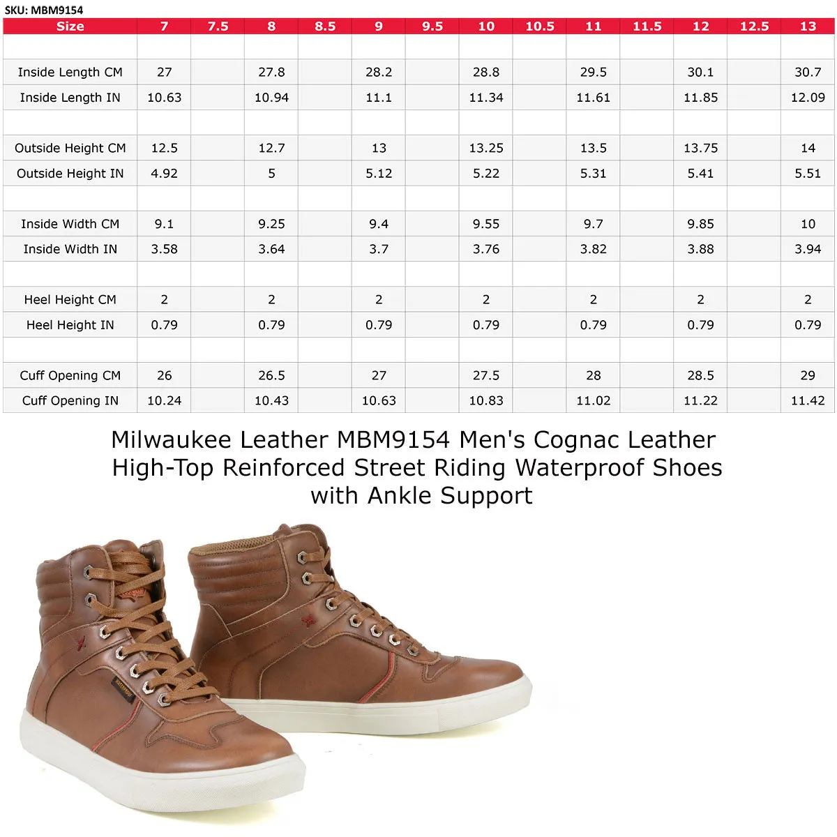 Milwaukee Leather MBM9154 Men's Cognac Leather High-Top Reinforced Street Riding Waterproof Shoes with Ankle Support