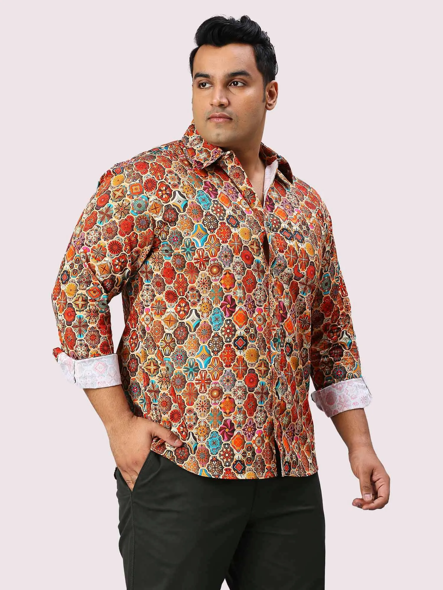 Tangerine Blocks Digital Printed Full Sleeve Men's Plus Size Shirt